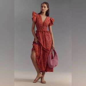 EUC Farm Rio Olivia V-Neck Red Flutter Maxi Dress